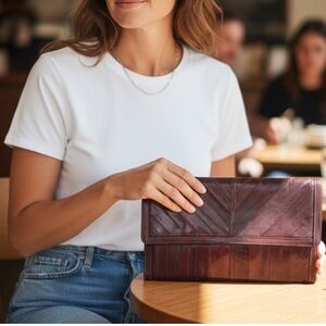 Rare SUNCO Red Burgundy Eel Skin Oversized Clutch / Organizer Wallet
